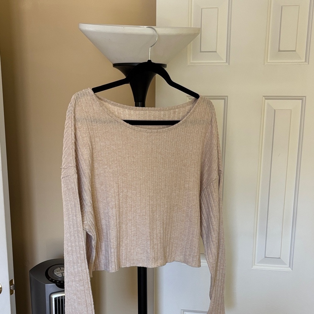 Beige Ribbed OFF THE SHOULDER CROPPED Long Sleeve Top